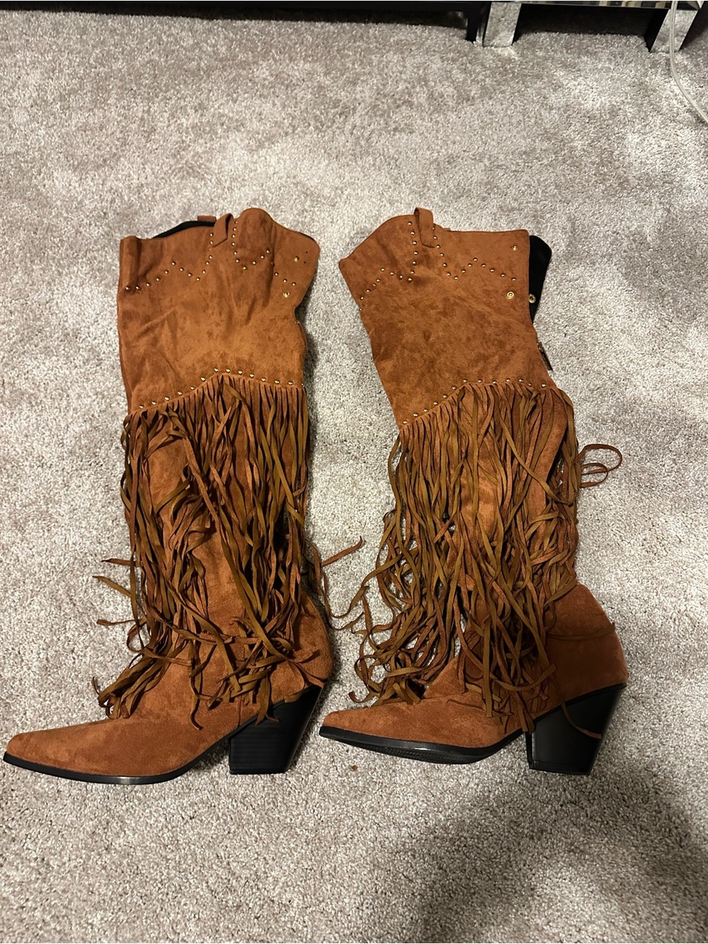 Fringed Suede Over the Knee High Boots in Brown